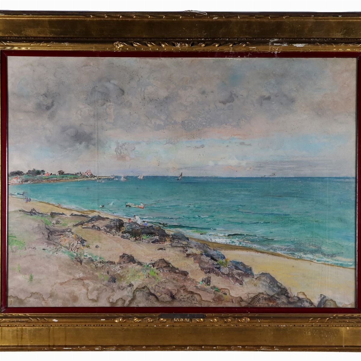 Firmato. "Marina con veduta di costa", dipinto ad olio e pastelli su compensato, in basso tracce ...