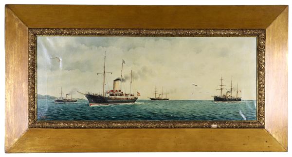 Anton A.- Pittore Europeo Fine XIX Secolo - Firmato. "Marina con bastimenti in navigazione", luminoso dipinto ad olio su tela