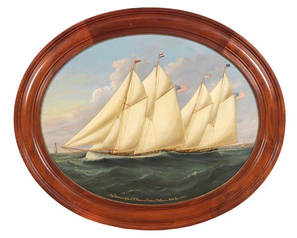 Thaddeus Bannister - Firmato, iscritto e datato. "The Schooners John H. McManus and Carrie E. Phillips in a Match Race 1889", dipinto ovale ad olio su tela