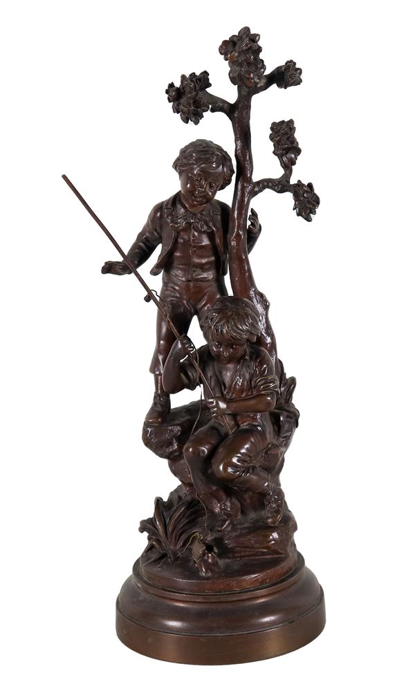 Sylvain Kinsburger - Signed. "Children playing fishermen", bronze group of excellent workmanship