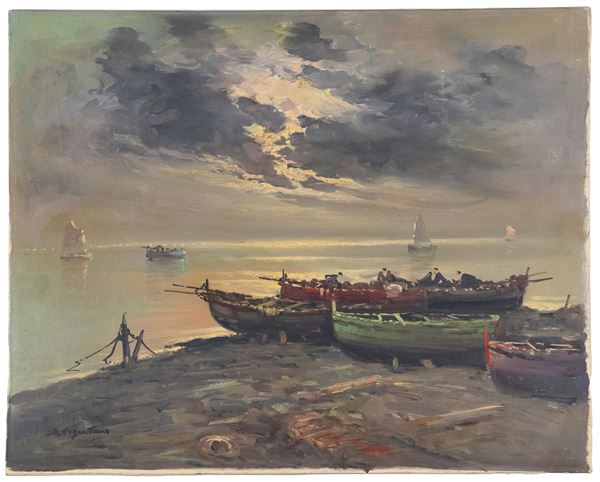 Pittore Italiano XX Secolo - Signed. "Marina at sunset with fishing boats", oil painting on canvas applied to plywood