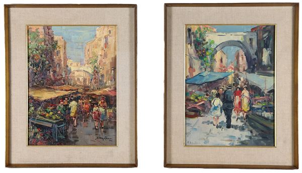 Pittore Italiano XX Secolo - Firmati. "Mercato rionale a Napoli", coppia di dipinti ad olio su compensato