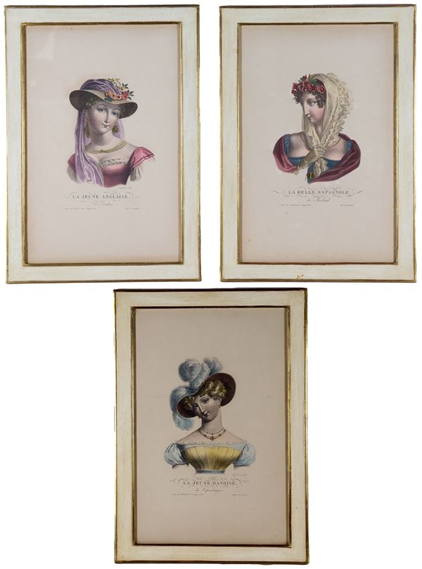 Lotto di tre stampe francesi a colori "La giovane ragazza inglese, spagnola e danese"