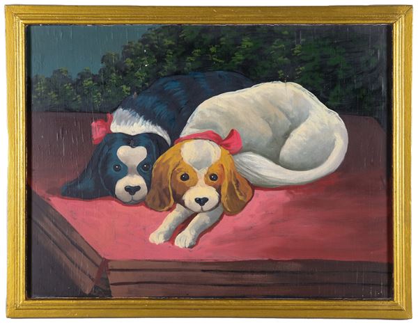 Scuola Italiana XX Secolo - "Doggies", oil painting on plywood