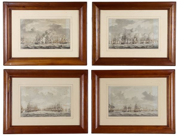 "Naval battles", lot of four ancient ink and watercolor drawings on paper