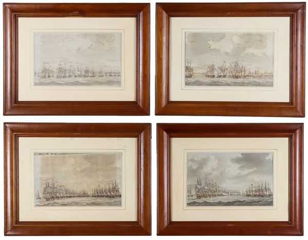 "Battaglie navali", lotto di quattro antichi disegni su carta a china e all'acquarello