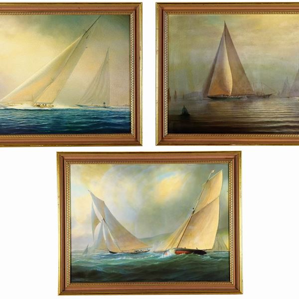 Scuola Inglese Inizio XX Secolo - "Scene del Ranger dell'America's Cup del 1937", lotto di tre dipinti ad olio su cartone pressato. 