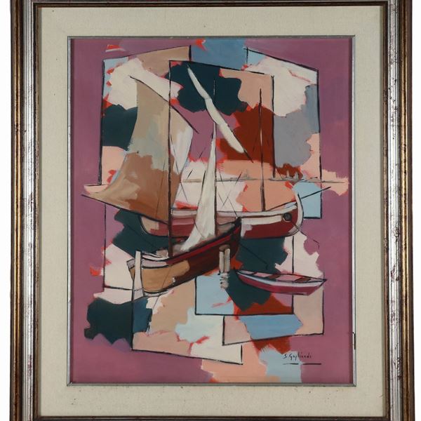 S. Gagliardi Pittore Contemporaneo XX Secolo - Firmato, datato sul retro 1974. "Barche alla fonda", dipinto a tecnica mista su tela 