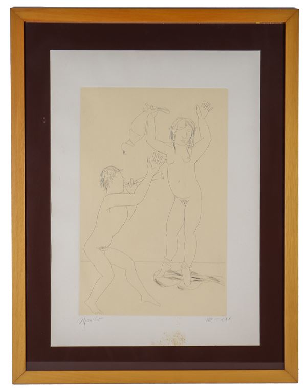 Giacomo Manz&#249; - "Flutist with model", lithograph on paper, multiple VIII/XXX