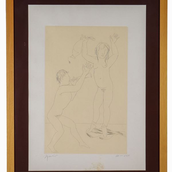 Giacomo Manz&#249; - "Flautista con modella", litografia su carta, multiplo VIII/XXX
