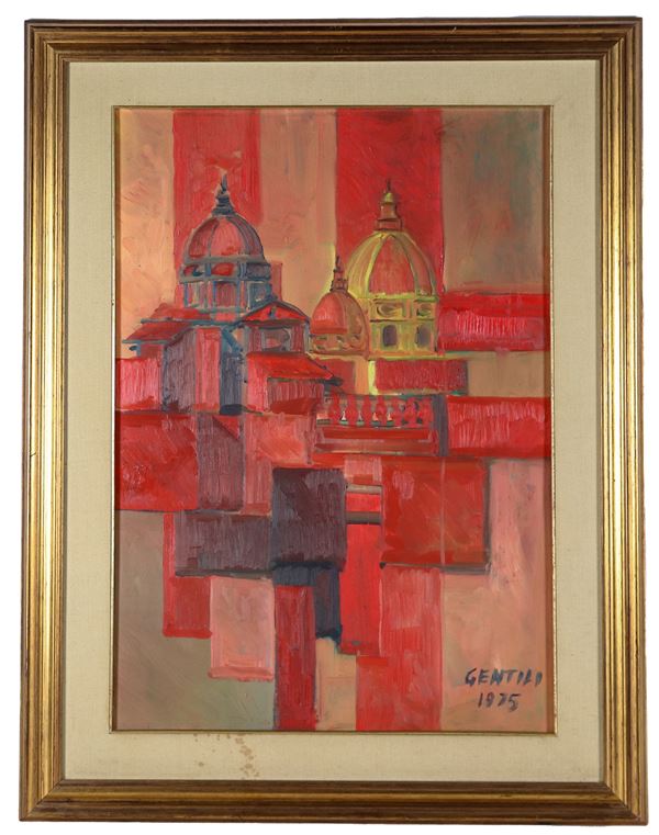 Pittore Italiano Arte Contemporanea - Firmato e datato 1975. "Tetti di Roma", dipinto ad olio su tela