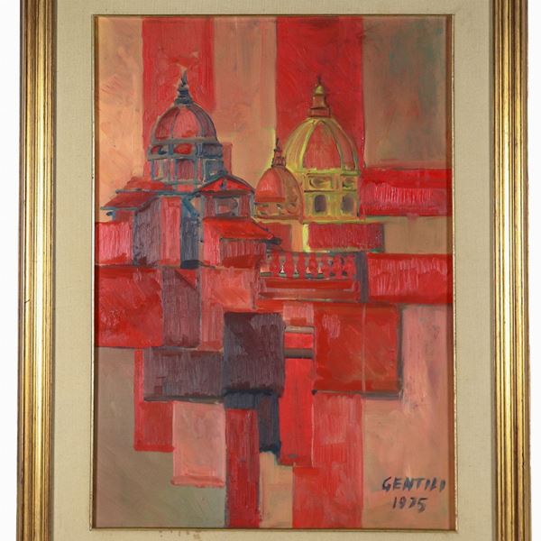 Pittore Italiano Arte Contemporanea - Firmato e datato 1975. "Tetti di Roma", dipinto ad olio su tela