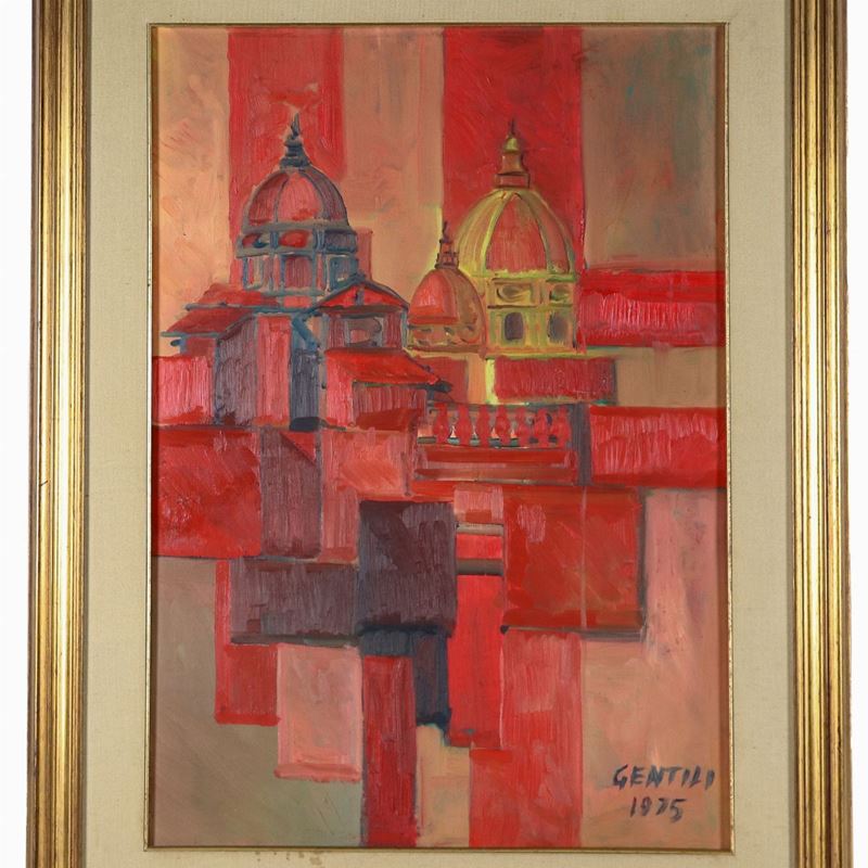 Firmato e datato 1975. "Tetti di Roma", dipinto ad olio su tela