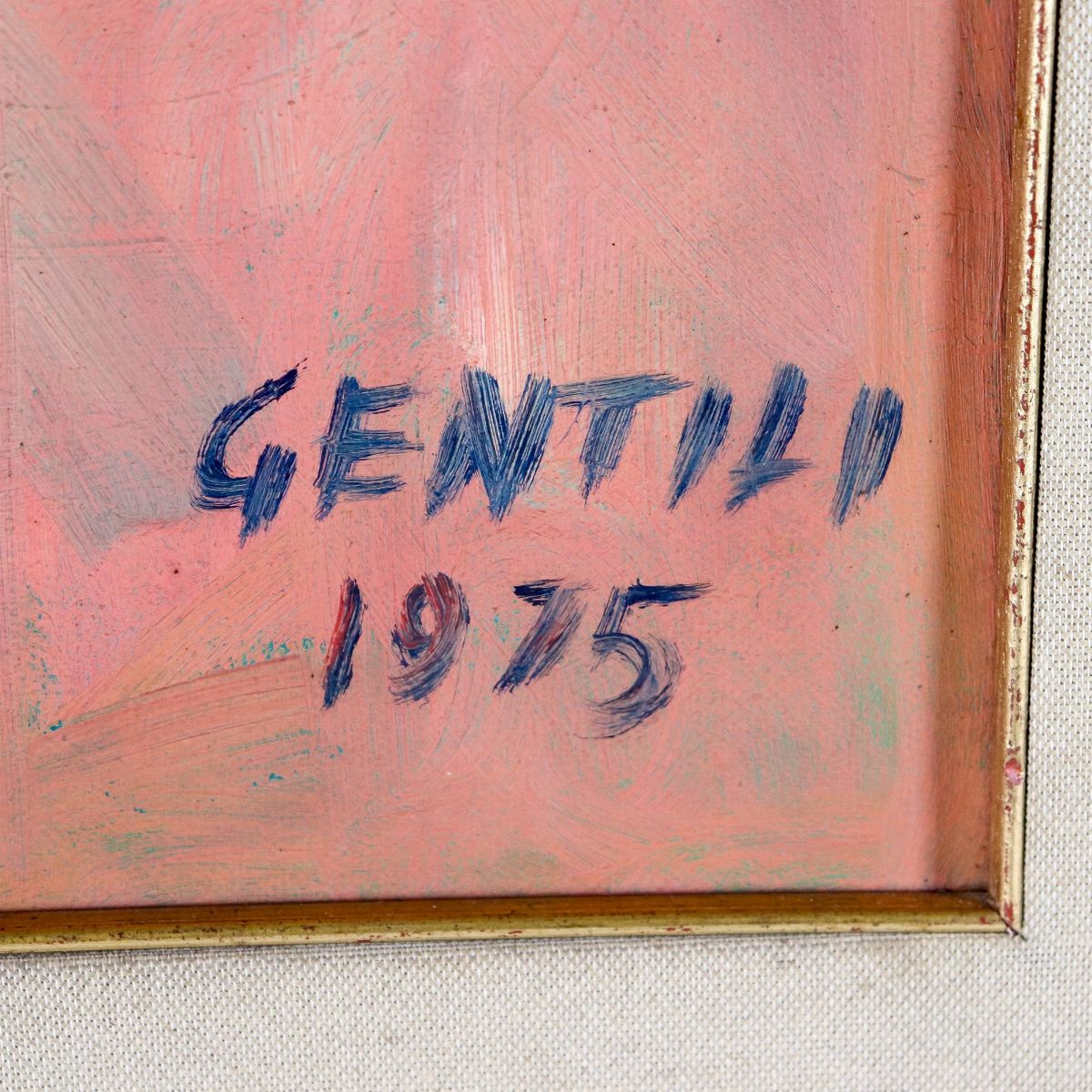 Firmato e datato 1975. "Tetti di Roma", dipinto ad olio su tela