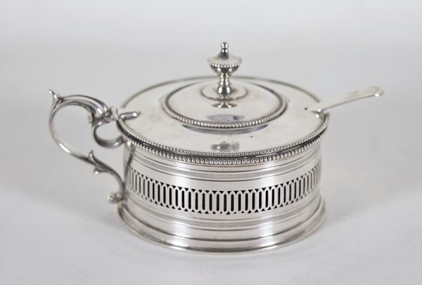 Antica formaggiera in argento, con bordo traforato e vaschetta in cristallo blu cobalto, gr. 320