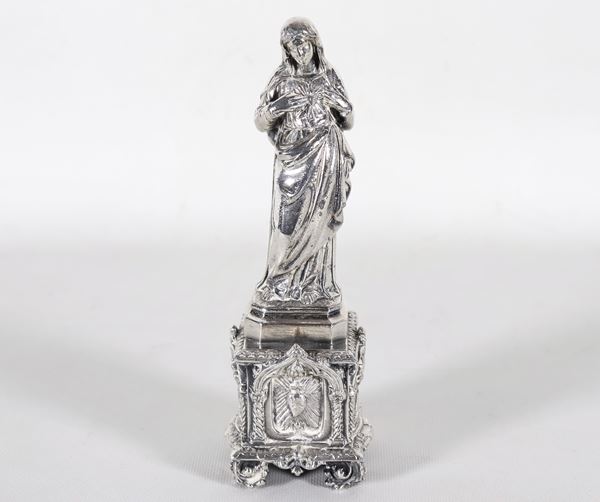 "Madonna del Sacro Cuore", small sculpture in silvered, embossed and chiseled metal