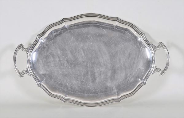 Oval tray with two handles in embossed silver-plated metal, with arched edge