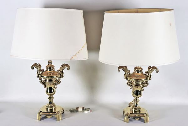 Pair of silvered and gilded bronze amphorae, mounted on lamps