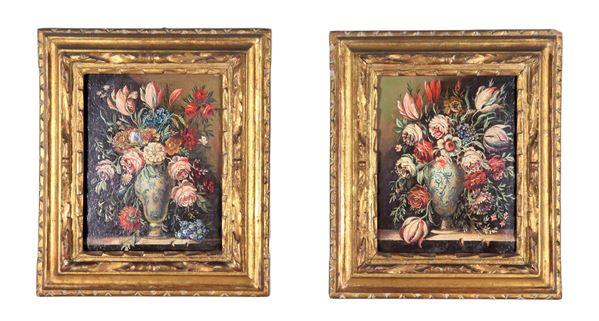 Scuola Italiana Fine XIX Secolo - "Nature morte con vasi e mazzi di fiori", coppia di piccoli dipinti ad olio su tela