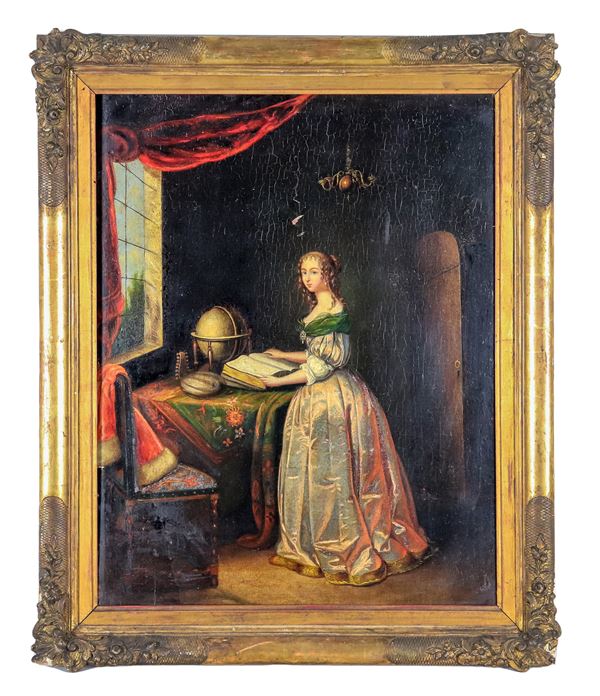 Scuola Fiamminga Fine XVIII - Inizio XIX Secolo - "Interno con dama in lettura", dipinto ad olio su tavoletta 