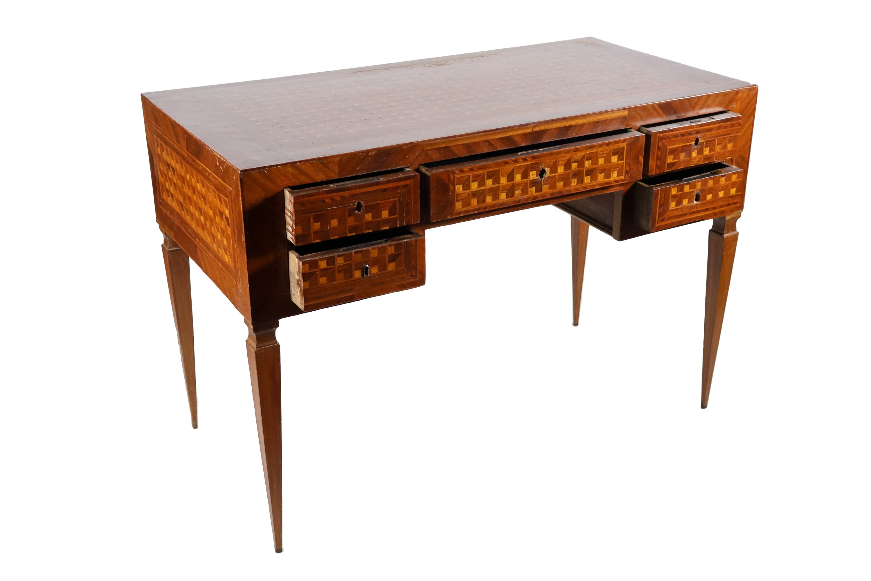 Scrivania da centro ferrarese Luigi XVI in noce, ebano viola e bois de rose, interamente intarsia...