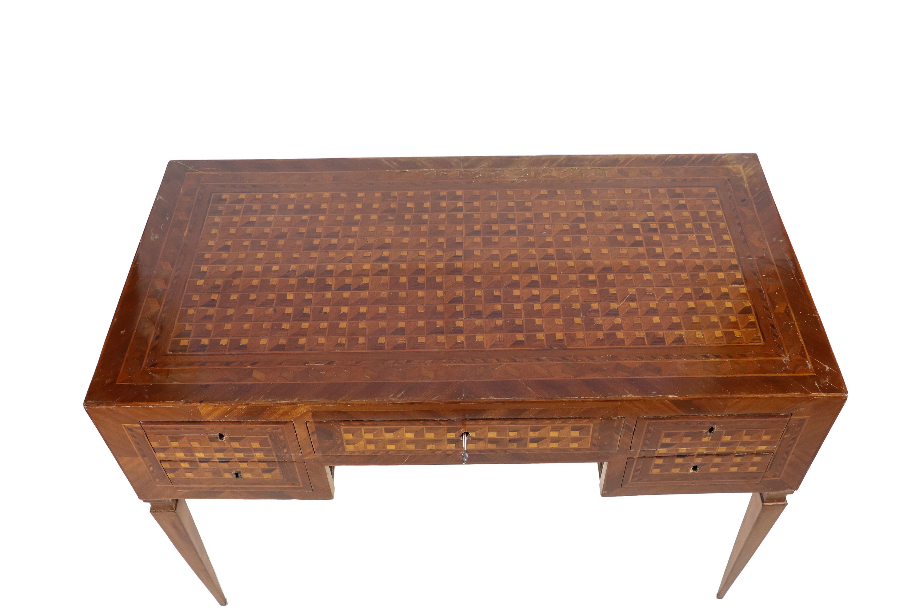 Scrivania da centro ferrarese Luigi XVI in noce, ebano viola e bois de rose, interamente intarsia...