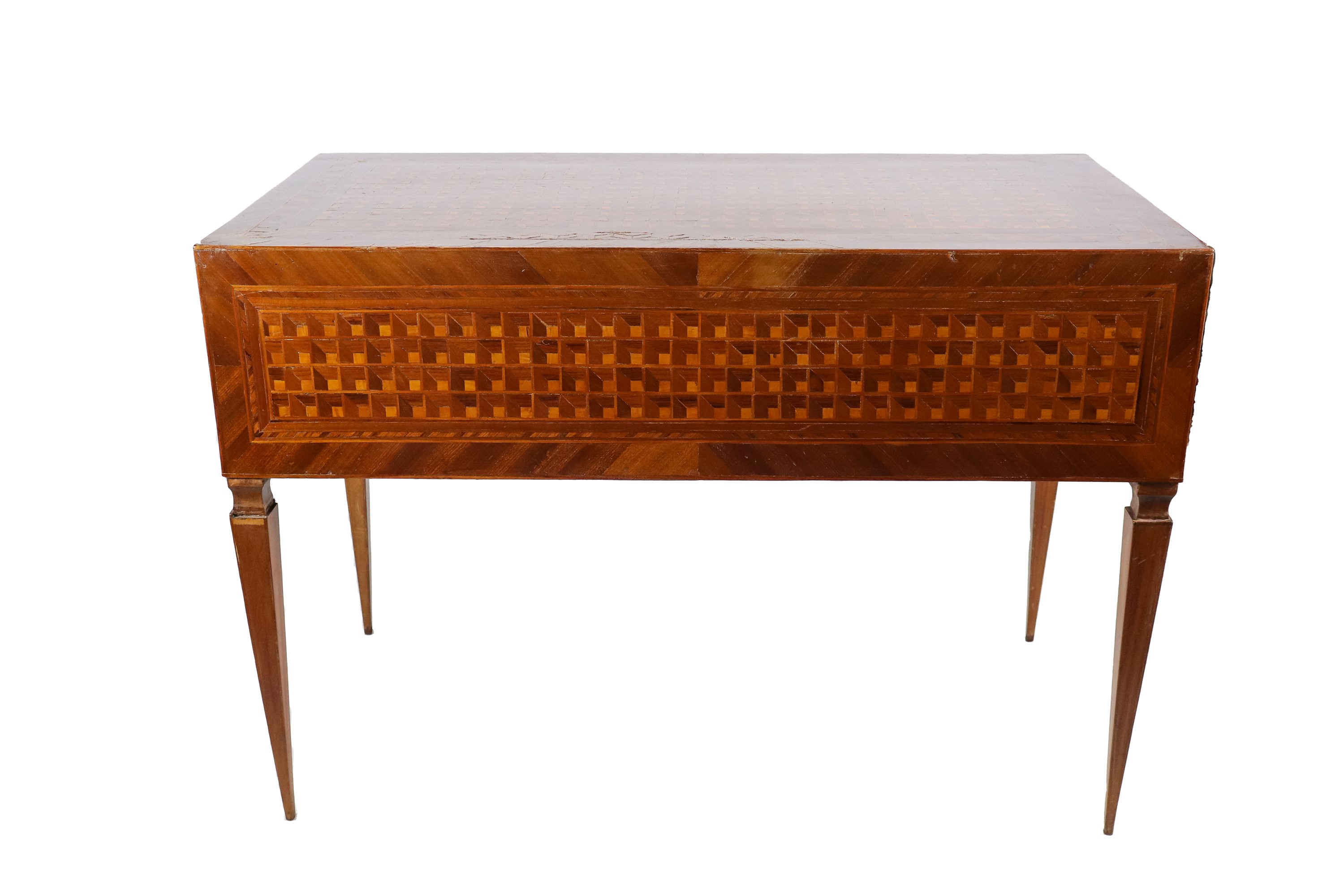 Scrivania da centro ferrarese Luigi XVI in noce, ebano viola e bois de rose, interamente intarsia...