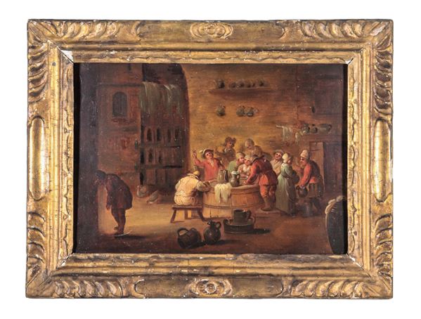 Scuola Fiamminga XVIII Secolo - "Inn with drinkers and peasants", small oil painting on copper