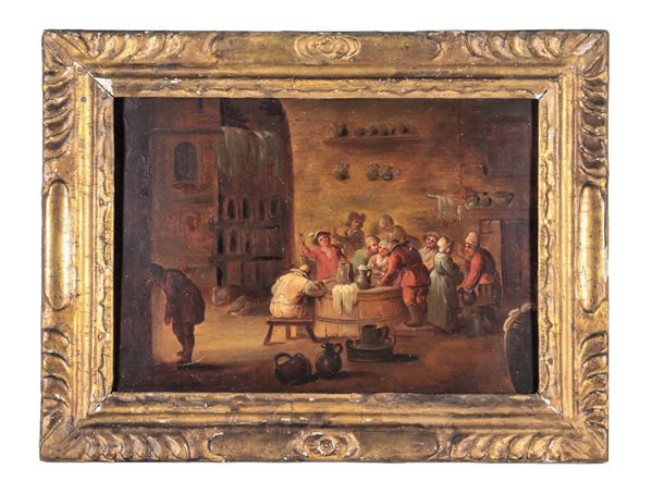 Scuola Fiamminga XVIII Secolo - "Locanda con bevitori e contadini", piccolo dipinto ad olio su rame 