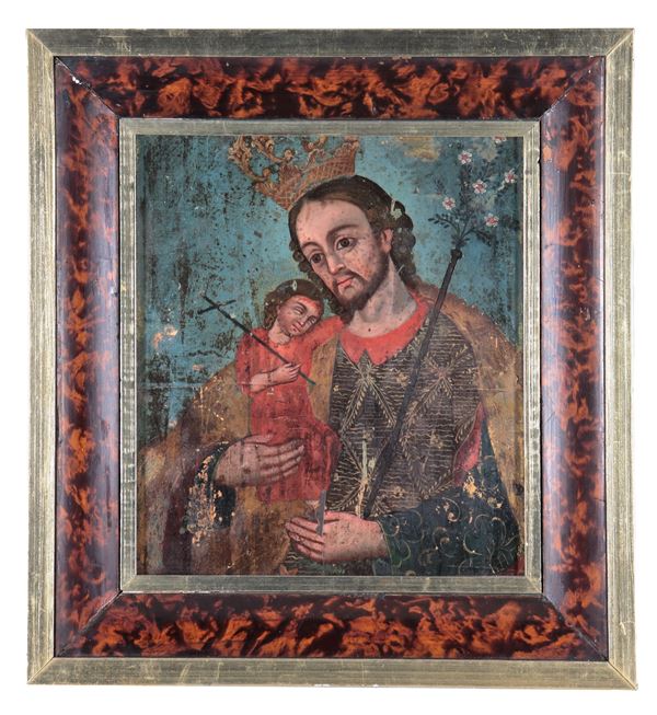 Scuola Spagnola Inizio XIX Secolo - "San Giuseppe con il Bambino", piccolo dipinto ad olio su tavoletta