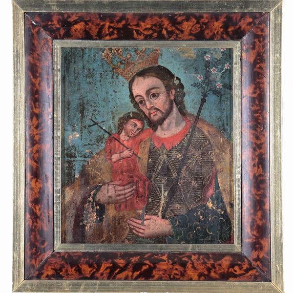 Scuola Spagnola Inizio XIX Secolo - "San Giuseppe con il Bambino", piccolo dipinto ad olio su tavoletta