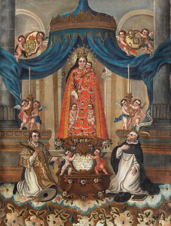 Scuola Spagnola Fine XVIII Secolo - "Madonna con Bambino, Santi e Angioletti", luminoso dipinto ad olio su tela