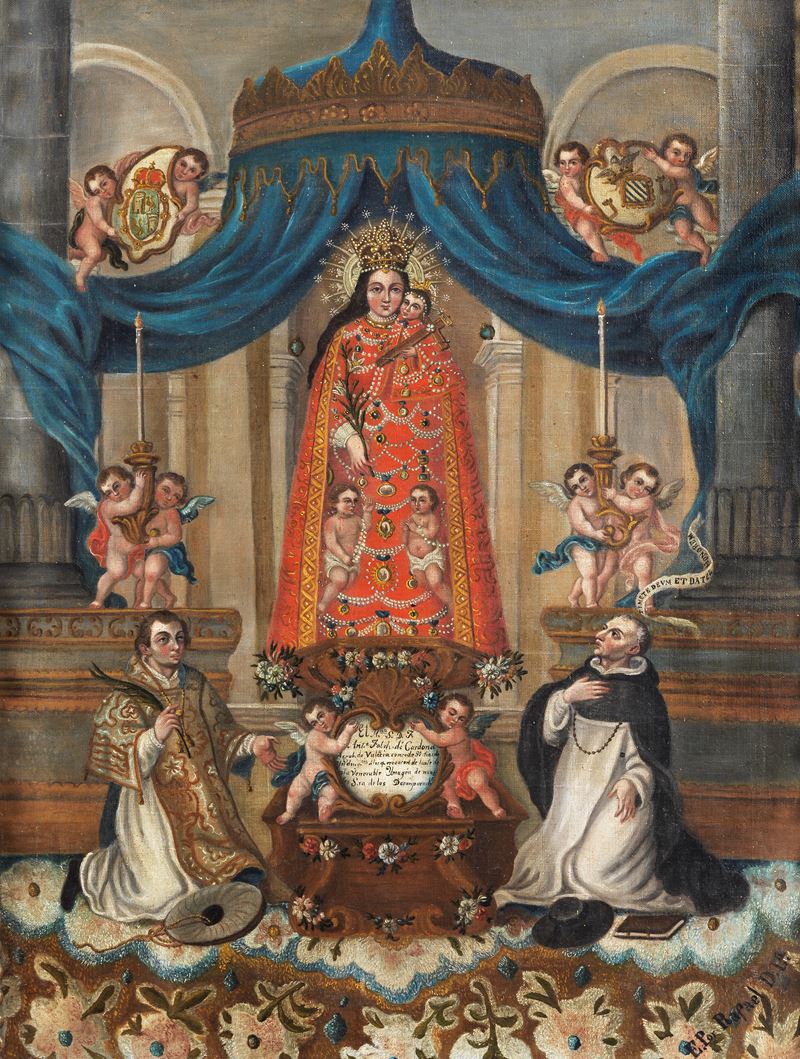 "Madonna con Bambino, Santi e Angioletti", luminoso dipinto ad olio su tela