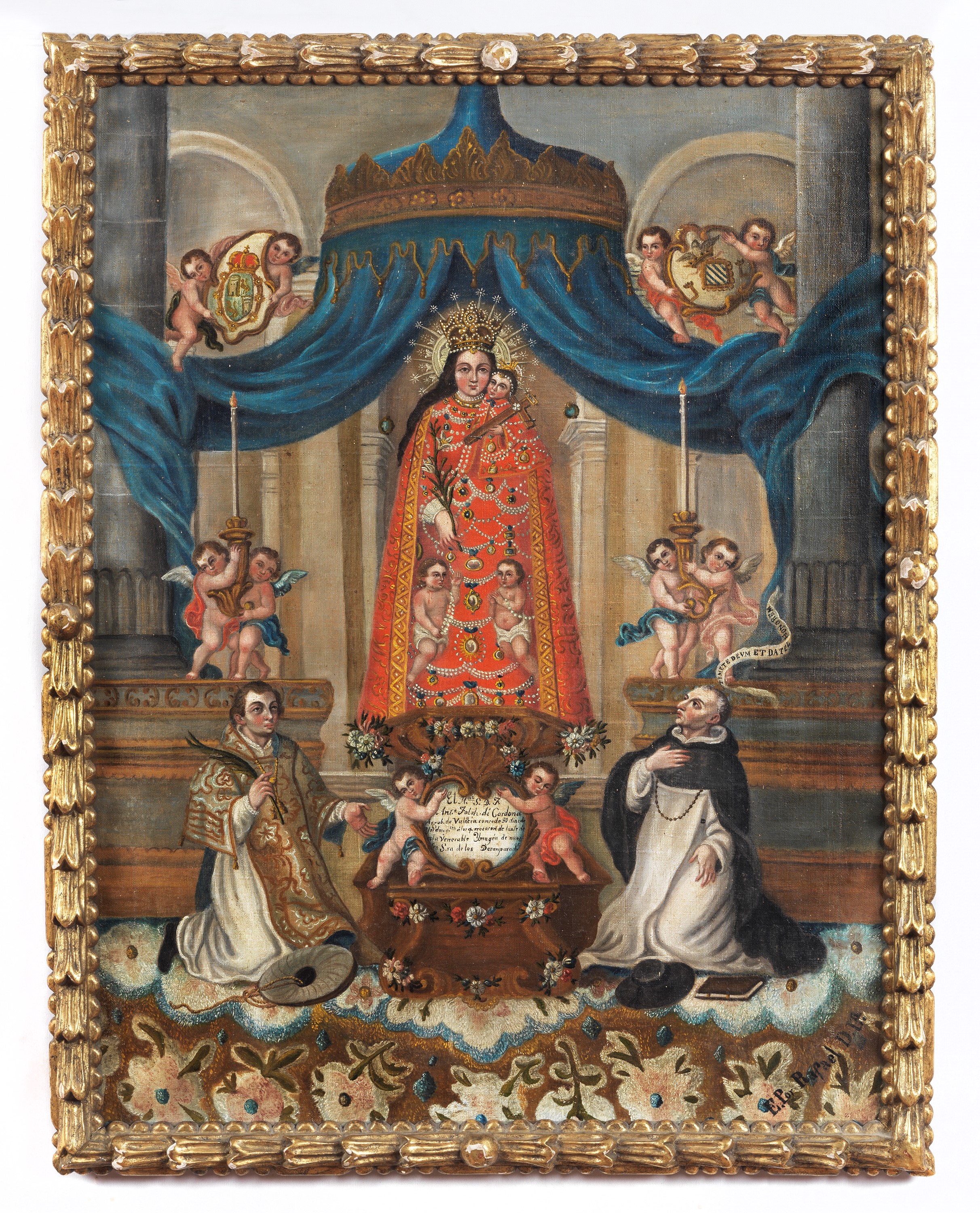 "Madonna con Bambino, Santi e Angioletti", luminoso dipinto ad olio su tela