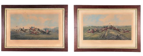 "Galloping horse racing", pair of English color prints