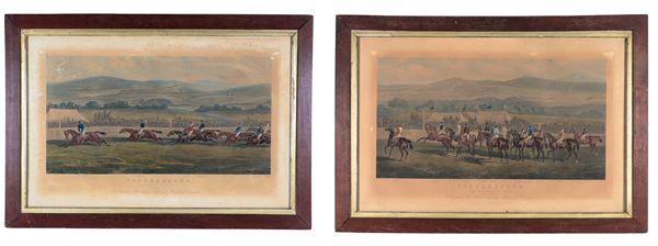 "Galloping horse racing", pair of English color prints