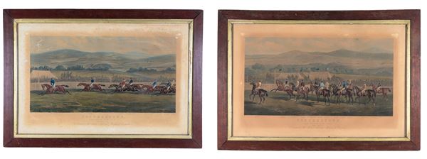 "Galloping horse racing", pair of English color prints