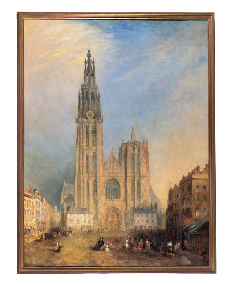 "Veduta di cattedrale con mercatino", dipinto ad olio su tela
