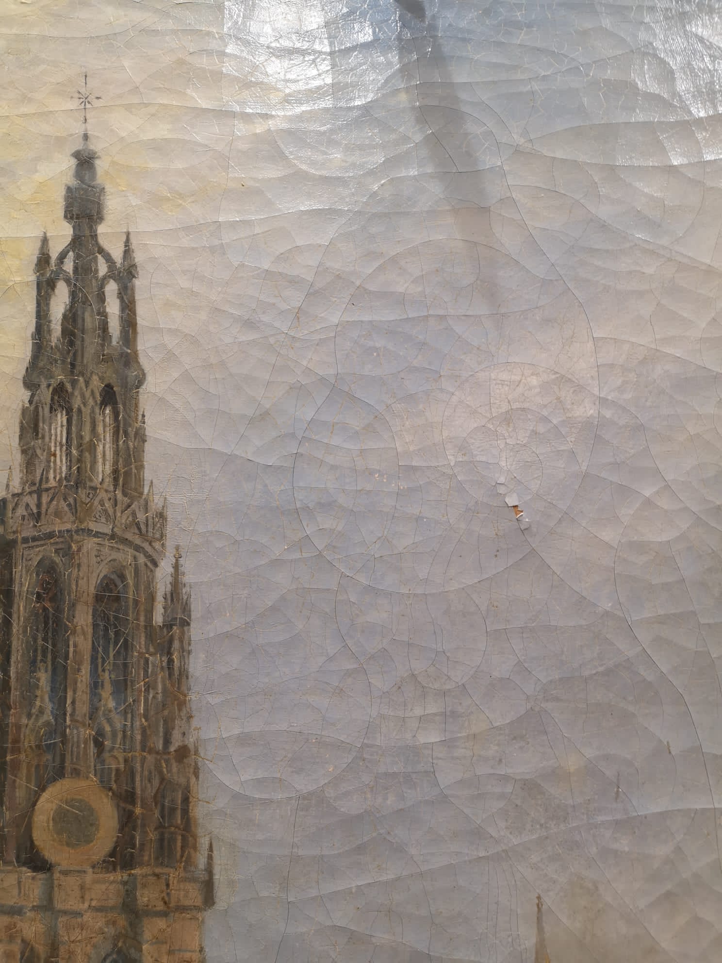 "Veduta di cattedrale con mercatino", dipinto ad olio su tela
