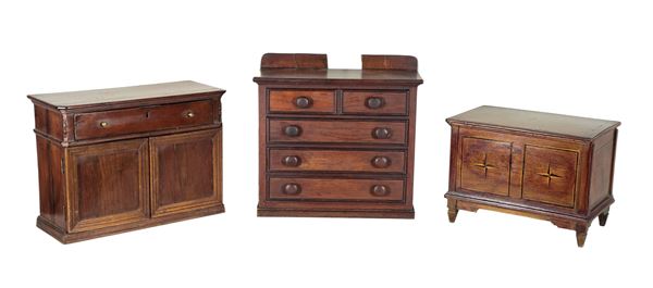 Lot of three antique Italian furniture models in walnut and mahogany