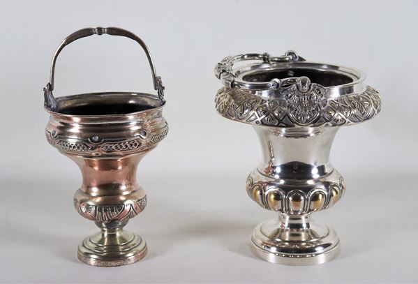 Lot of two antique buckets for holy water in silvered metal, embossed and chiselled with Louis XIV motifs