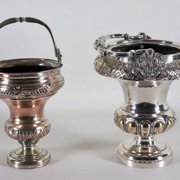 Lot of two antique buckets for holy water in silvered metal, embossed and chiselled with Louis XIV motifs