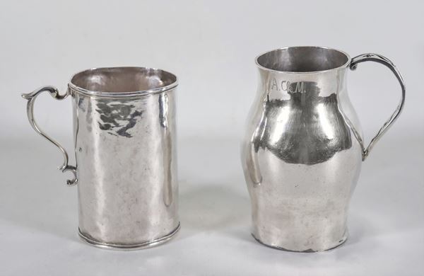 Lot of two ancient South American mugs in hammered and silvered metal