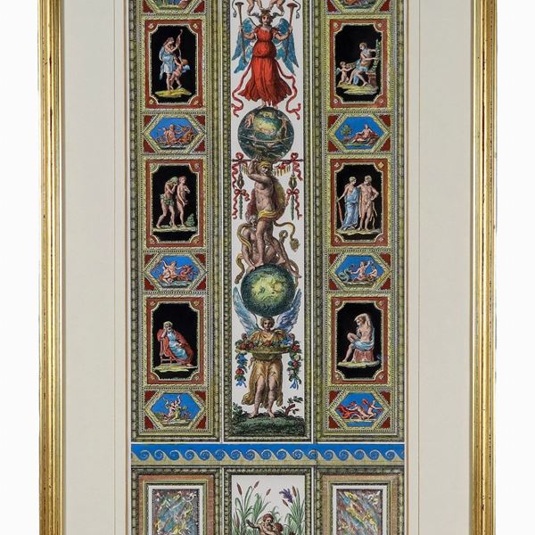 Stampa a colori "Allegoria di figure pompeiane e volute"