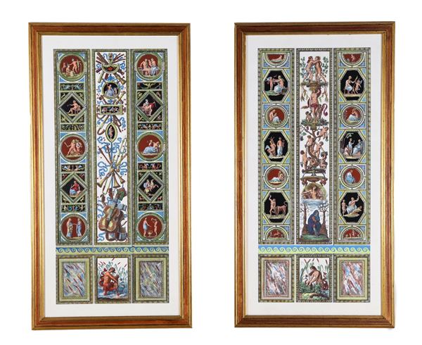 Pair of color prints "Allegories of Pompeian figures and volutes"