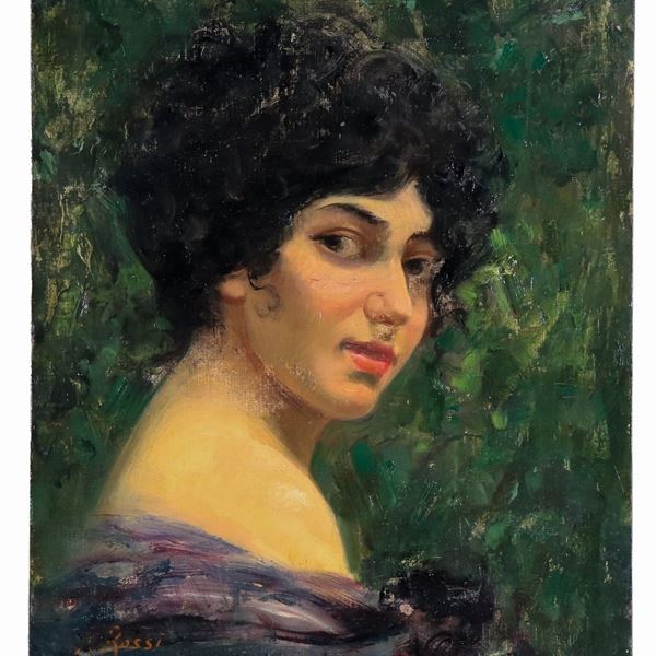 Alberto Rossi - Firmato. "Volto di ragazza", piccolo dipinto ad olio su tela applicata a cartone