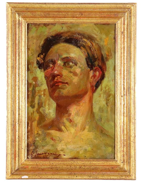 Giovanni Iacovino - Firmato. "Ritratto di giovane uomo", piccolo dipinto ad olio su tela applicata a cartone