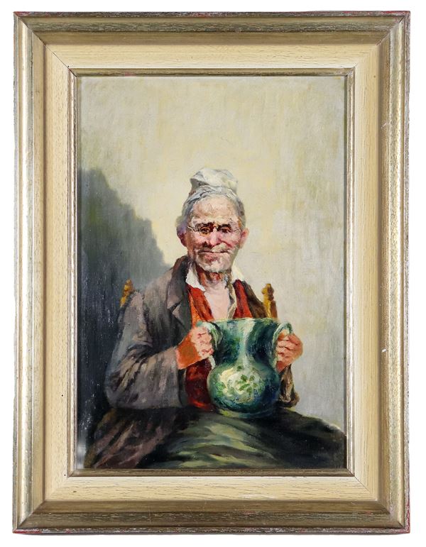 Scuola Napoletana Fine XIX Secolo - "Vecchio contadino con vaso", piccolo dipinto ad olio su tela applicata a cartone