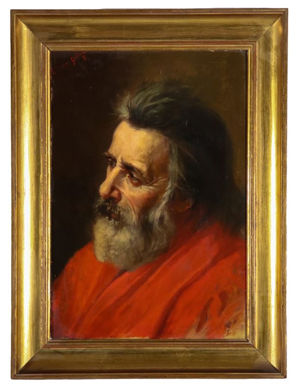 Filippo Taccone Gallucci  - Pittore Italiano Fine XIX Secolo - Signed. "Portrait of a man with a beard and a red cloak", small oil painting on canvas