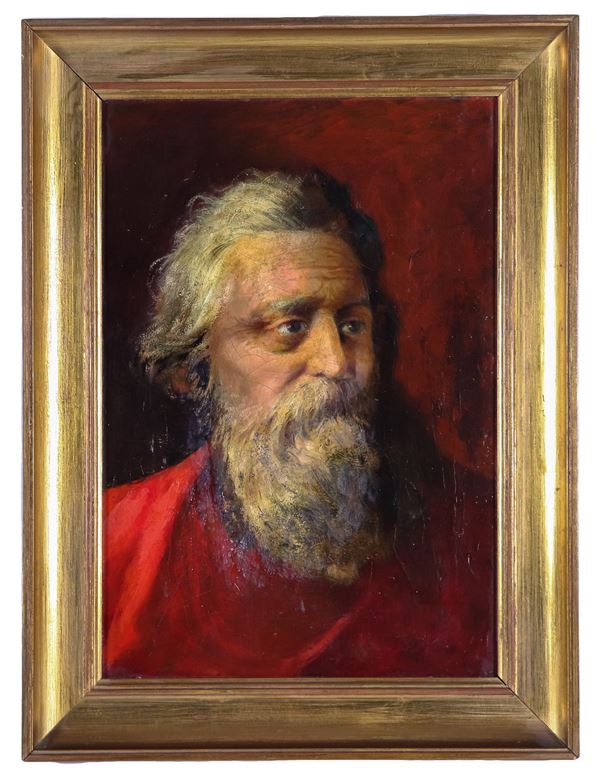 Scuola Italiana Met&#224; XIX Secolo. - "Ritratto di vecchio con barba", piccolo dipinto ad olio su tela